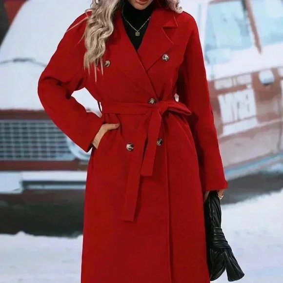 Casual Women's Double Breasted Lapel Neck Belted jacket Overcoat RED - Picture 4 of 6